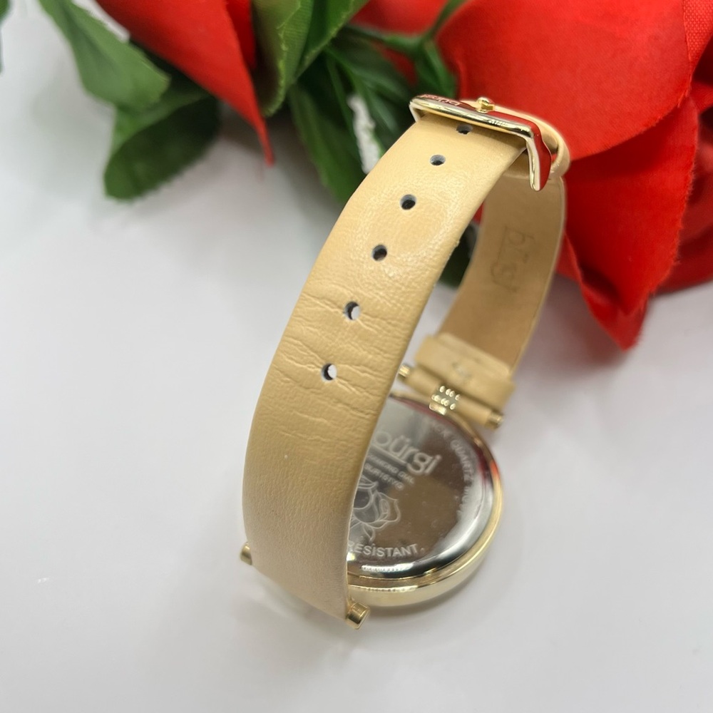 Women's Burgi Flower Engraved Diamond Dial Genuine Leather Strap Watch with box - Picture 10 of 16